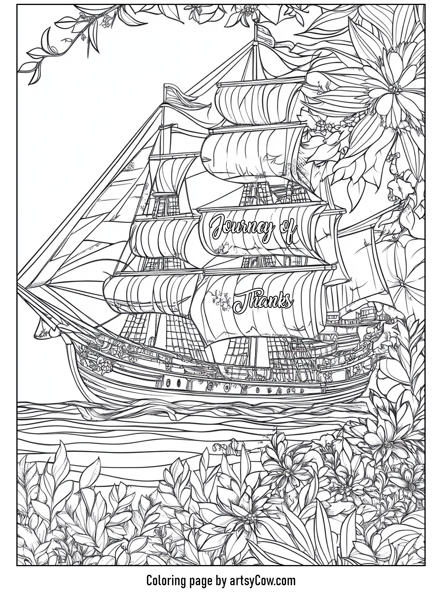 Thanksgiving coloring pages for adults featuring a detailed pilgrim ship with lush floral decorations, representing a journey of thanks.